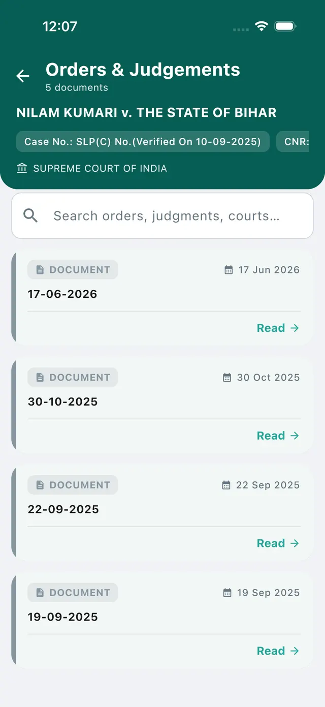 The Orders & Judgements list for a case, with each order dated and downloadable.