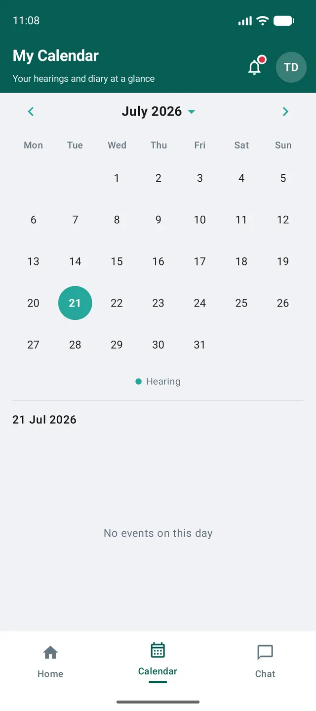 A month calendar with hearing days marked, and the events for the selected day below.