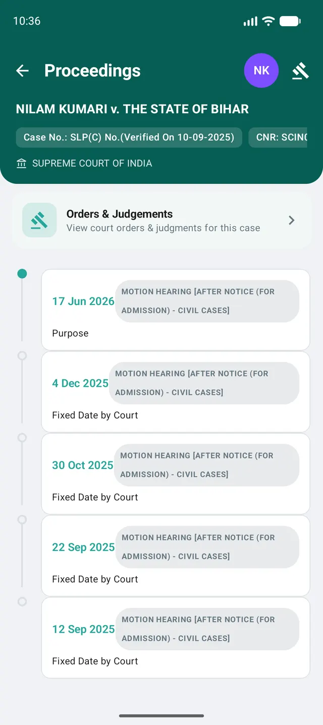 A case proceedings timeline listing each hearing date and its purpose, with a link to orders and judgements.