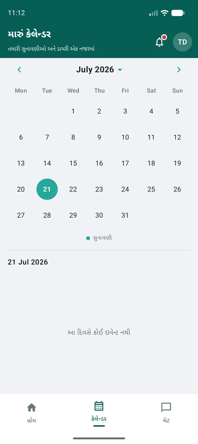 A month calendar with hearing days marked, and the events for the selected day below.