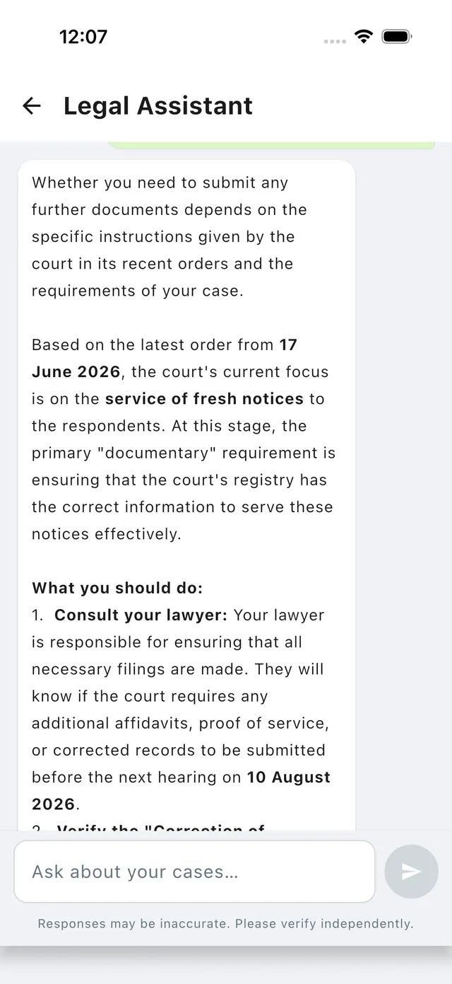 The Legal Assistant answering a question about a case, citing the case number and CNR, with an accuracy disclaimer.